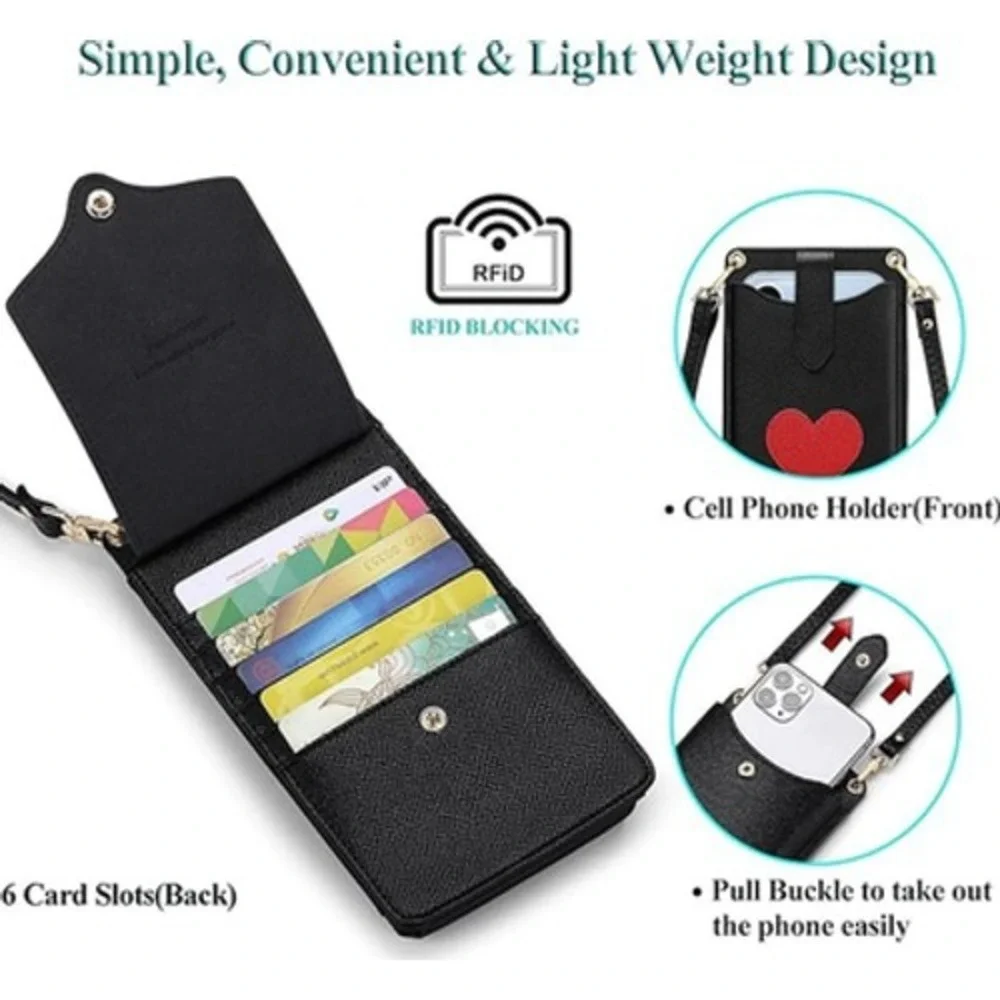 Peacocktion Phone Crossbody Wallet Case Universal Black Heart RFID Strap Holder
